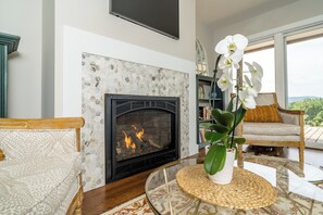 Ein Wohnzimmer mit Kamin, einer Couch, einem Sessel und einem Tisch mit Pflanze.