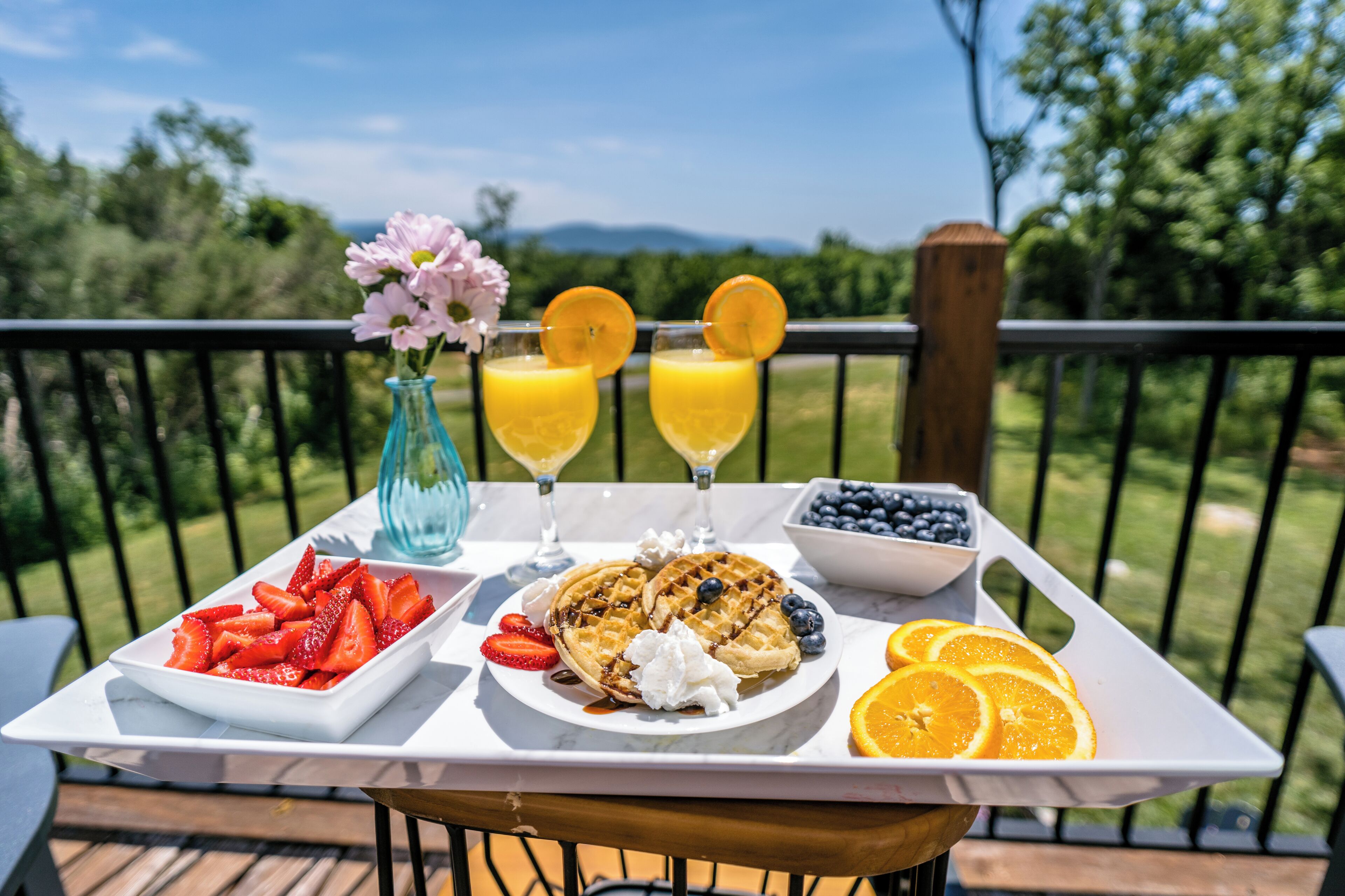 Une table dressée avec des gaufres, des fruits et des boissons, sur une terrasse offrant une vue sur les arbres et les montagnes.