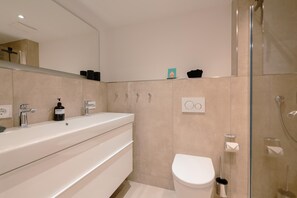 Ein modernes Badezimmer mit einem großen Waschbecken, einem Spiegel und einer Toilette.