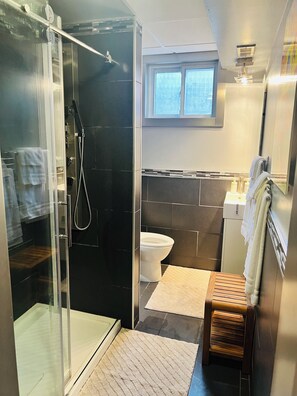 A modern bathroom with a glass shower enclosure, a toilet, and a small wooden bench.