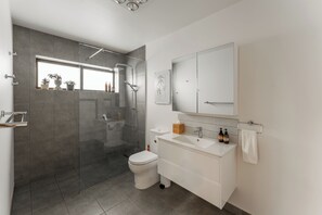 A modern bathroom with a glass-enclosed shower, a toilet, a sink with a mirror, and a window with plants. - A unique, luxurious, eco-friendly hempcrete home on Bruny Island. Pet friendly! (Alonnah)