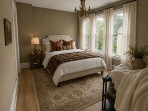 Ein Schlafzimmer mit einem Bett, einem Nachttisch, einer Lampe, einem Fenster mit Vorhängen und einer Zimmerpflanze.