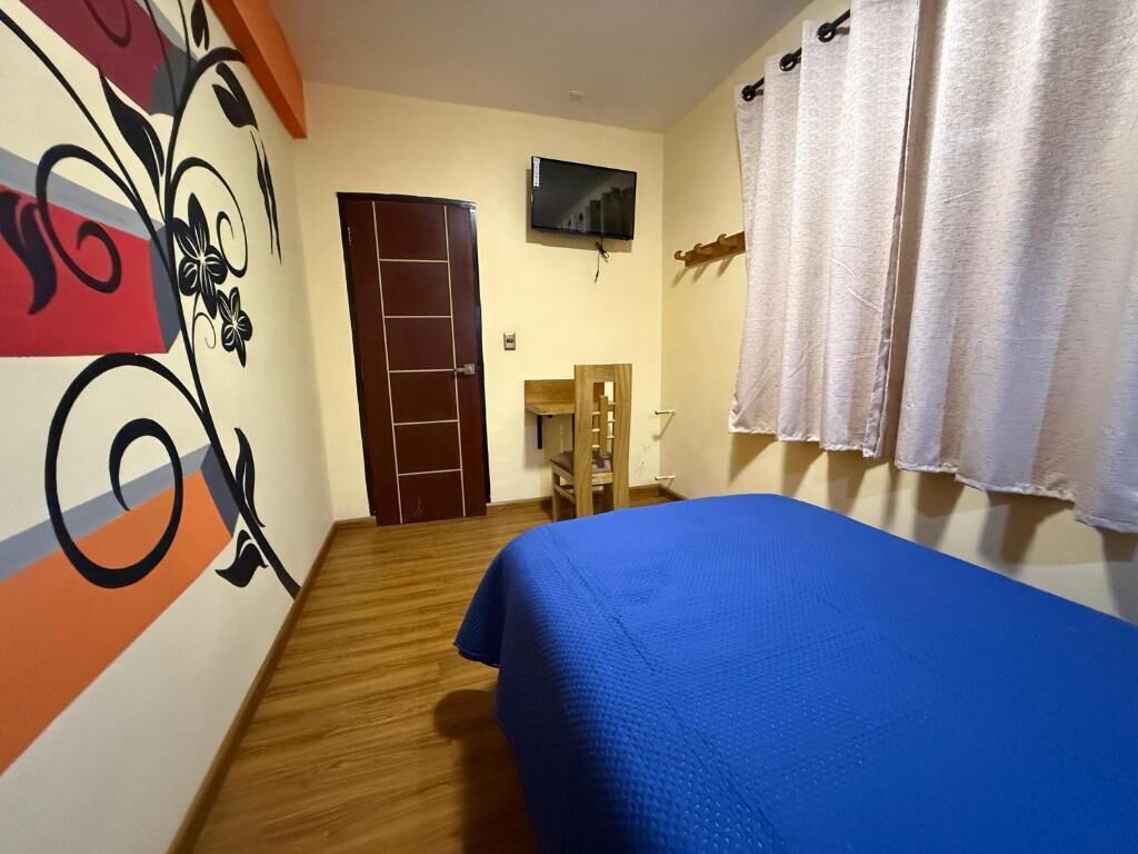 A room with a bed, a TV mounted on the wall, a wooden door, and a chair.