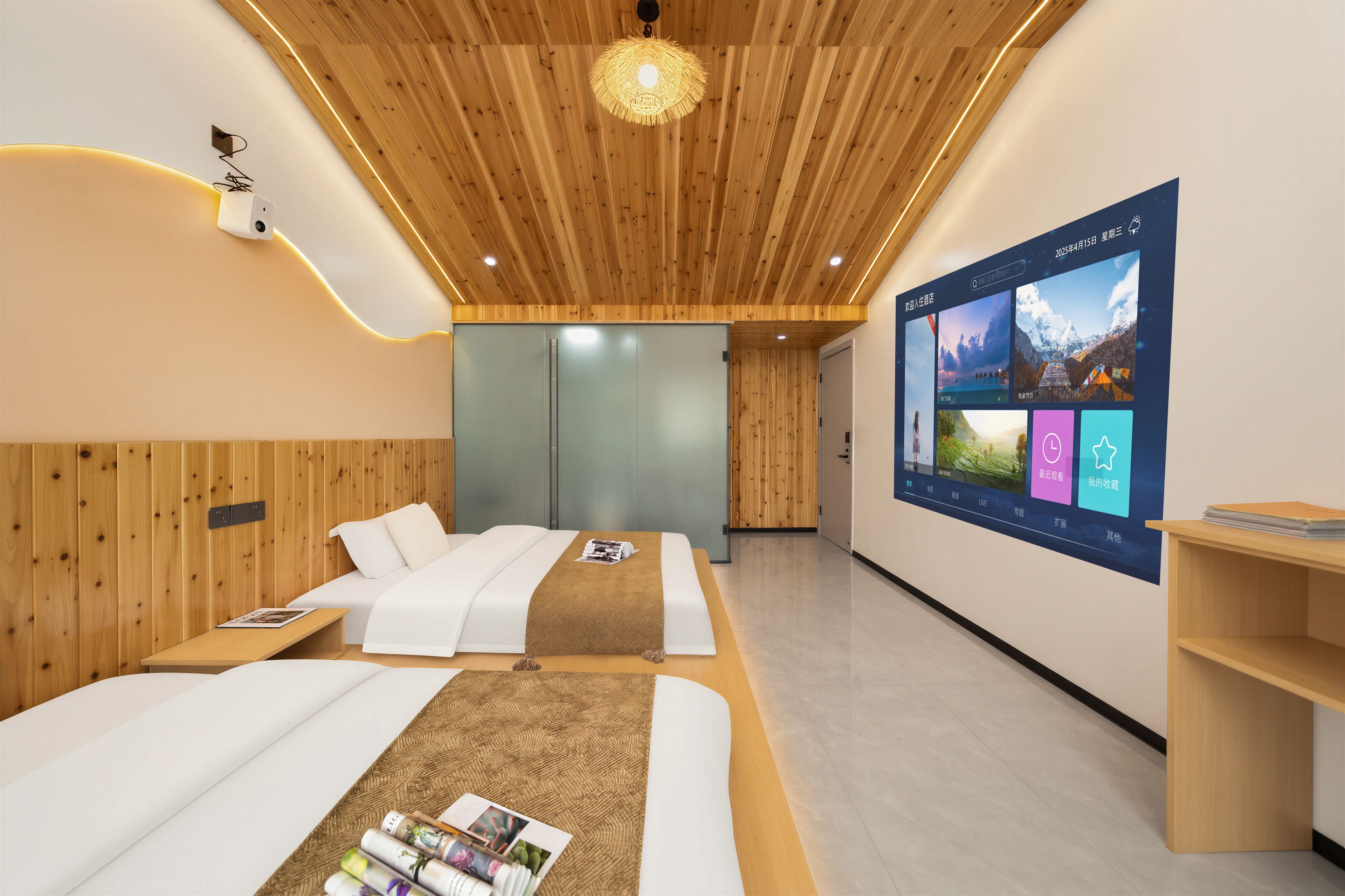A modern hotel room with two beds, a large digital display, wooden ceiling, and a minimalist design.