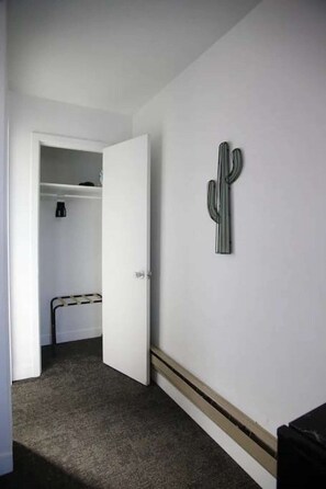 A hallway with a closet, a coat rack, and a cactus decoration on the wall. - AEA - Fillmore UT (Fillmore)
