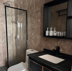 A modern bathroom with a glass-enclosed shower, a white toilet, a black sink with a black countertop, and a mirror above the sink. - Alma Maldiva beach hotel (Dhidhdhoo)