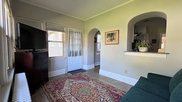 Smart TV, fireplace, books
