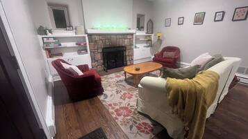 Smart TV, fireplace, books