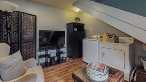 Een woonkamer met een televisie, een wasmachine, een bank en een decoratief object op een tafel.
