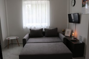 Ein modernes Schlafzimmer mit einer grauen Schlafcouch, einem kleinen runden Tisch, einem Fernseher auf einem Schrank und einem Fenster mit durchsichtigen Vorhängen.