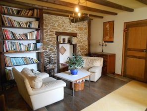 Ein gemütliches Wohnzimmer mit Steinwand, Bücherregal, einer Couch, einem Couchtisch und einer Holztür.