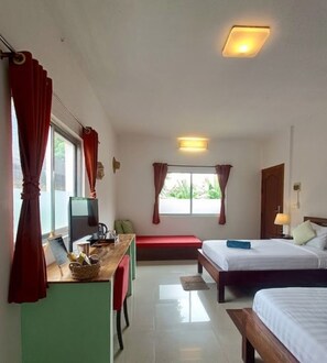 A room with a desk, two beds, a window with curtains, and a ceiling light. - La Fontaine de Tara Boutique Hotel (Siem Reap)