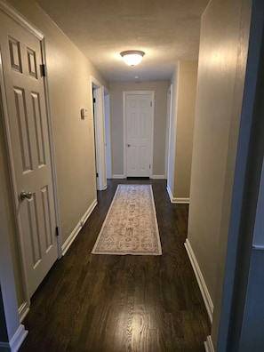 A hallway with a patterned rug, wooden flooring, and a white door at the end.