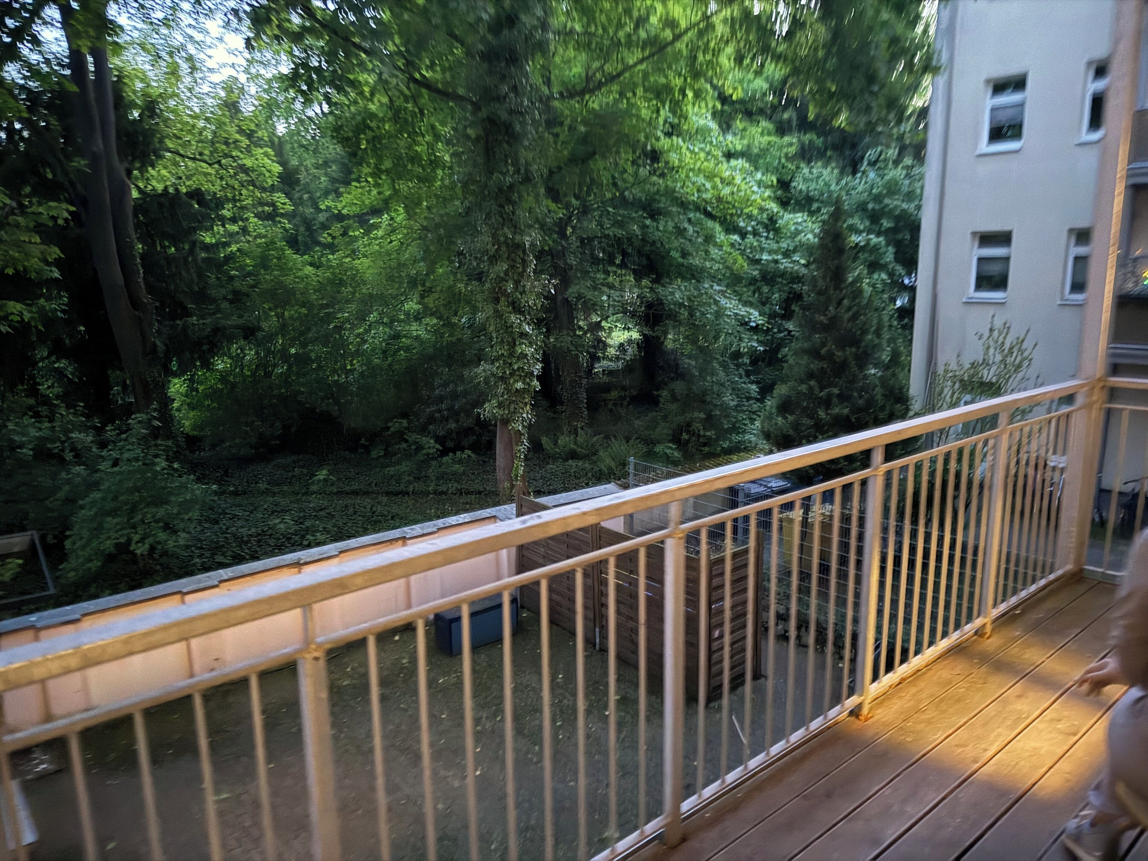 Ein Balkon mit Metallgeländer, der auf einen dichten Wald blickt.