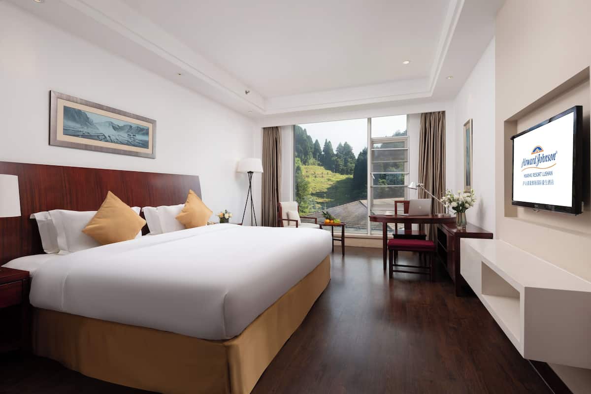 Habitación de hotel con una cama grande, un escritorio, una silla, un televisor y ventana con vista a la vegetación.
