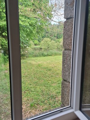 A window view of a grassy area with trees and a stone wall.