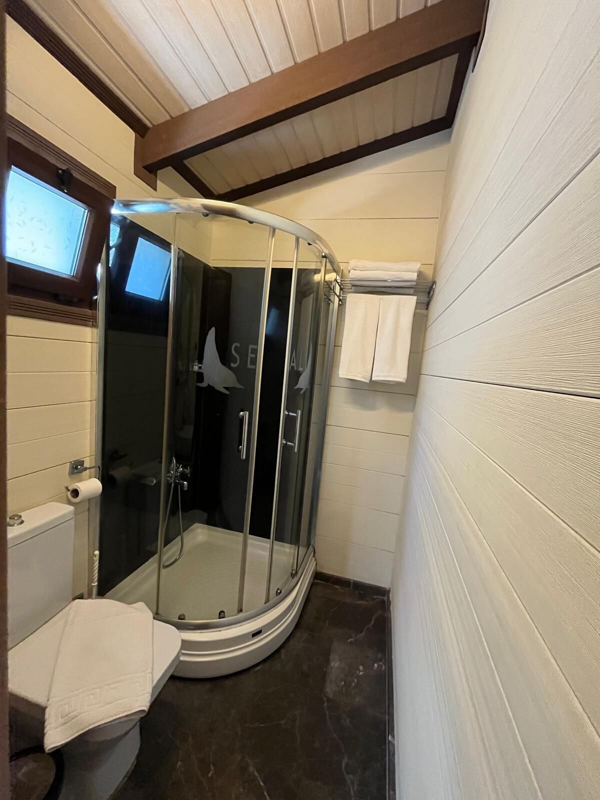 A bathroom with a glass-enclosed shower, a toilet, and a sink.