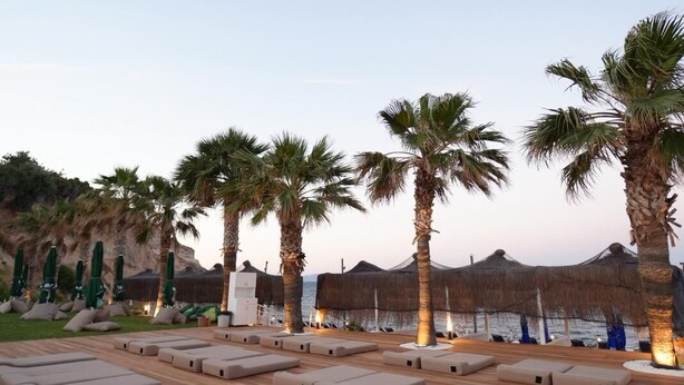 A wooden deck with beige lounge chairs, palm trees, and a view of the sea. - Seal beach (Mordoğan)