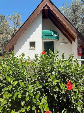 Un bâtiment à l’extérieur blanc, avec un toit brun et un auvent vert. On peut voir une petite fenêtre et une porte.
