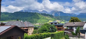 Eine Berglandschaft mit Wohngebäuden im Vordergrund.