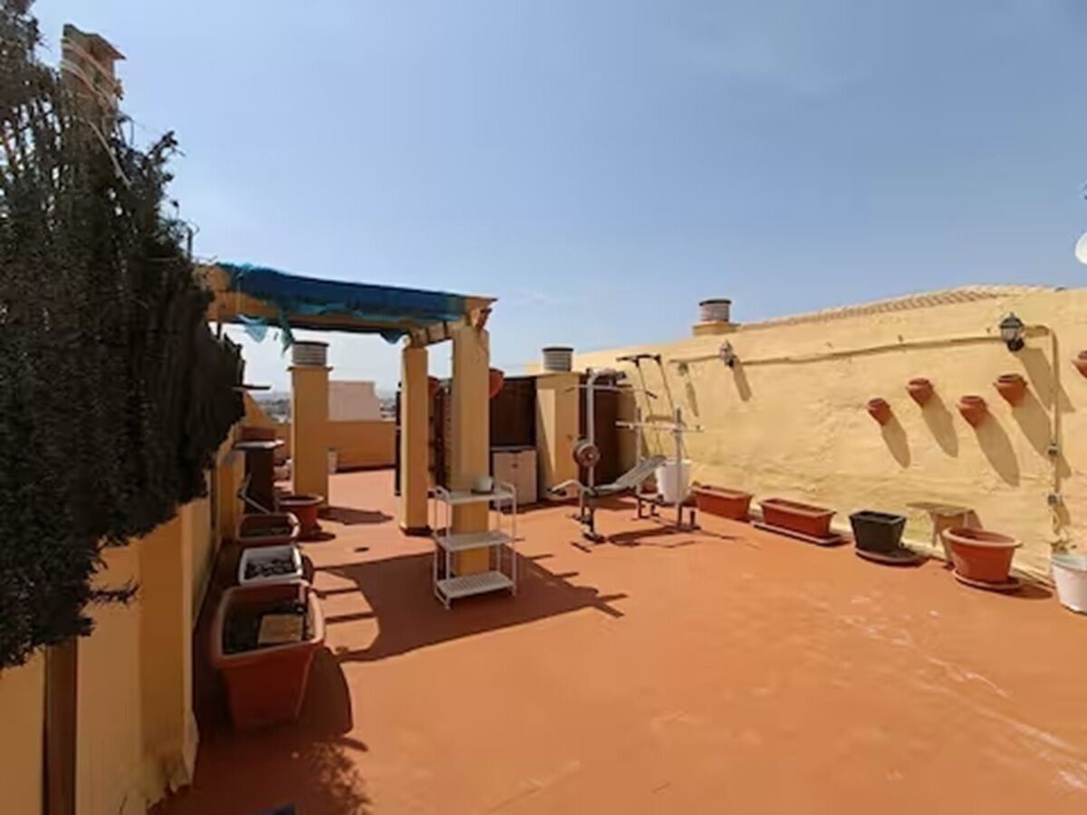 A rooftop terrace with exercise equipment, potted plants, and a clear sky.