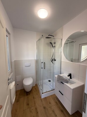 Een moderne badkamer met een douchecabine van glas, een wit toilet, een wastafel met spiegel en een houten vloer.