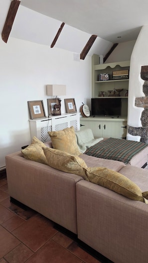 A living room with a sofa, a television, and a shelf with decorative items. - Thatch cottage historical attractions, medical centre fantastic landscapes (Clonmel)