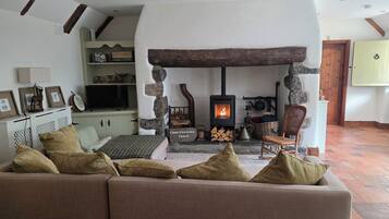 Ein gemütliches Wohnzimmer mit Kamin, einer Couch mit Kissen, einem Fernseher und einer Steinwand.