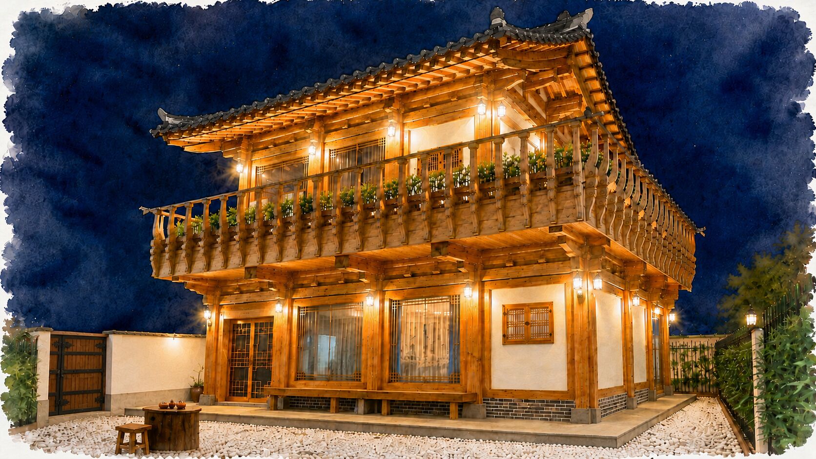 Un bâtiment traditionnel en bois, doté d’un balcon, de grandes fenêtres et d’une façade bien éclairée.