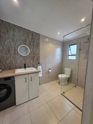 Une salle de bain moderne équipée d’une douche, de toilettes et d’un lavabo.
