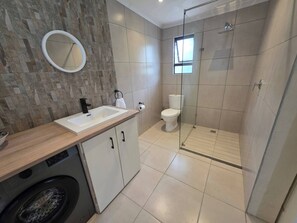 Une salle de bain moderne avec un mur arrière en pierre, un lavabo, des toilettes et une douche à parois de verre.