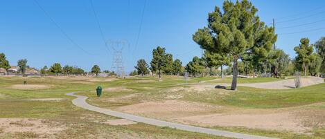 Un parque con un sendero serpenteante, árboles y una estructura de línea eléctrica a lo lejos.
