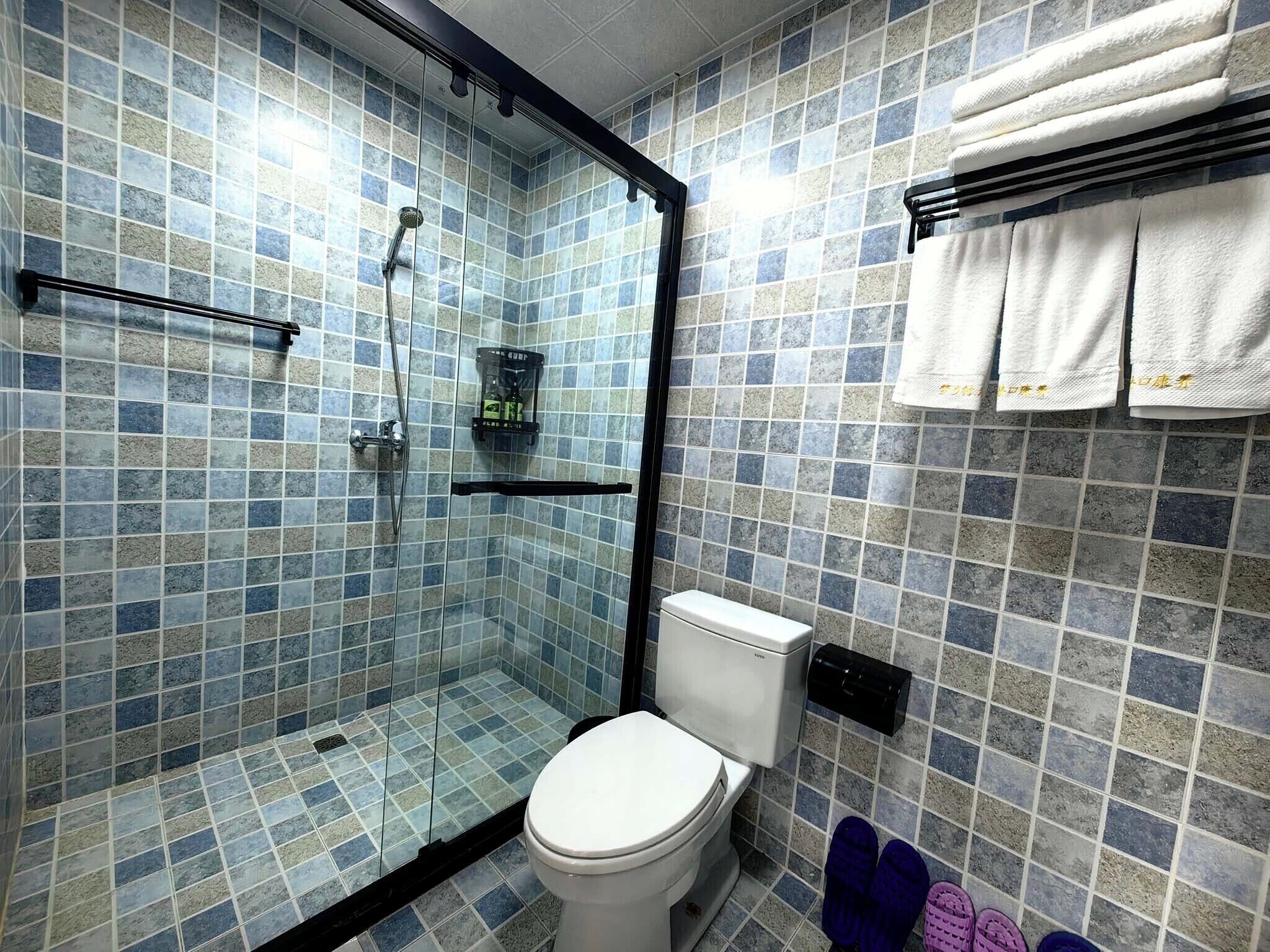 Un baño con ducha de mampara, inodoro y toallero con toallas.