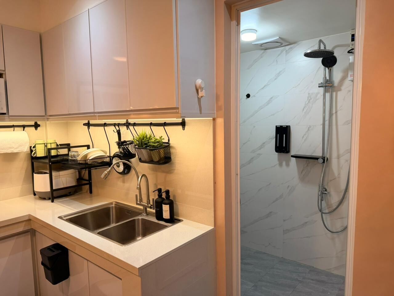 A modern bathroom with a shower, a sink with a dish rack, and a toilet.