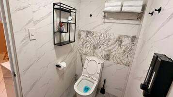 Shower, hair dryer, bidet, towels