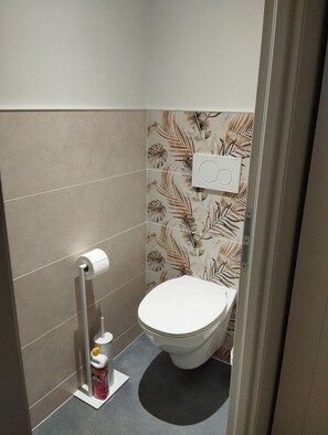 A small bathroom with a toilet, a paper towel dispenser, and a toilet paper roll. - Bed & Breakfast La Canissa Carrada Moka (Chaspuzac)