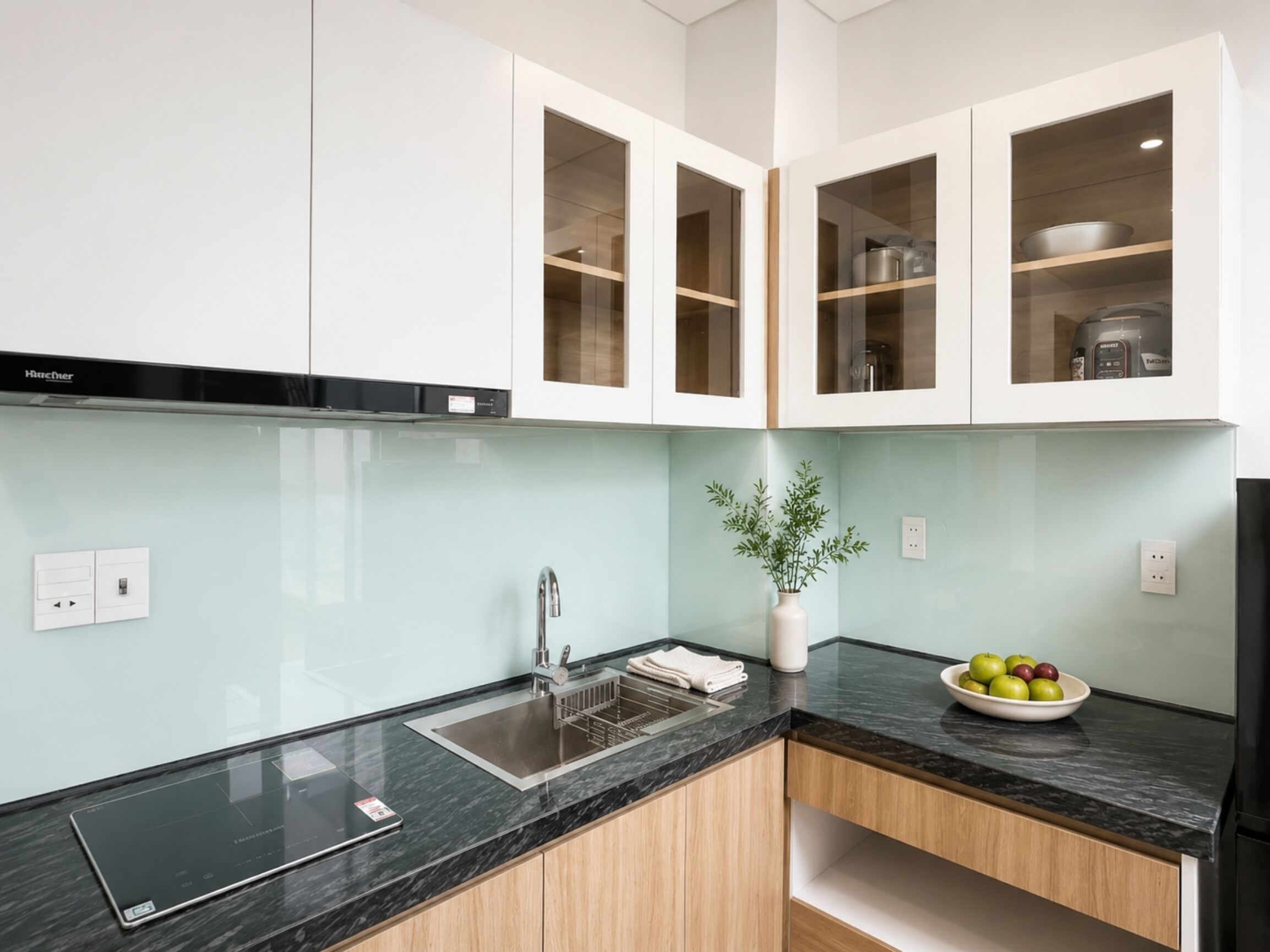 A modern kitchen with white cabinets, a black countertop, and a bowl of fruit.