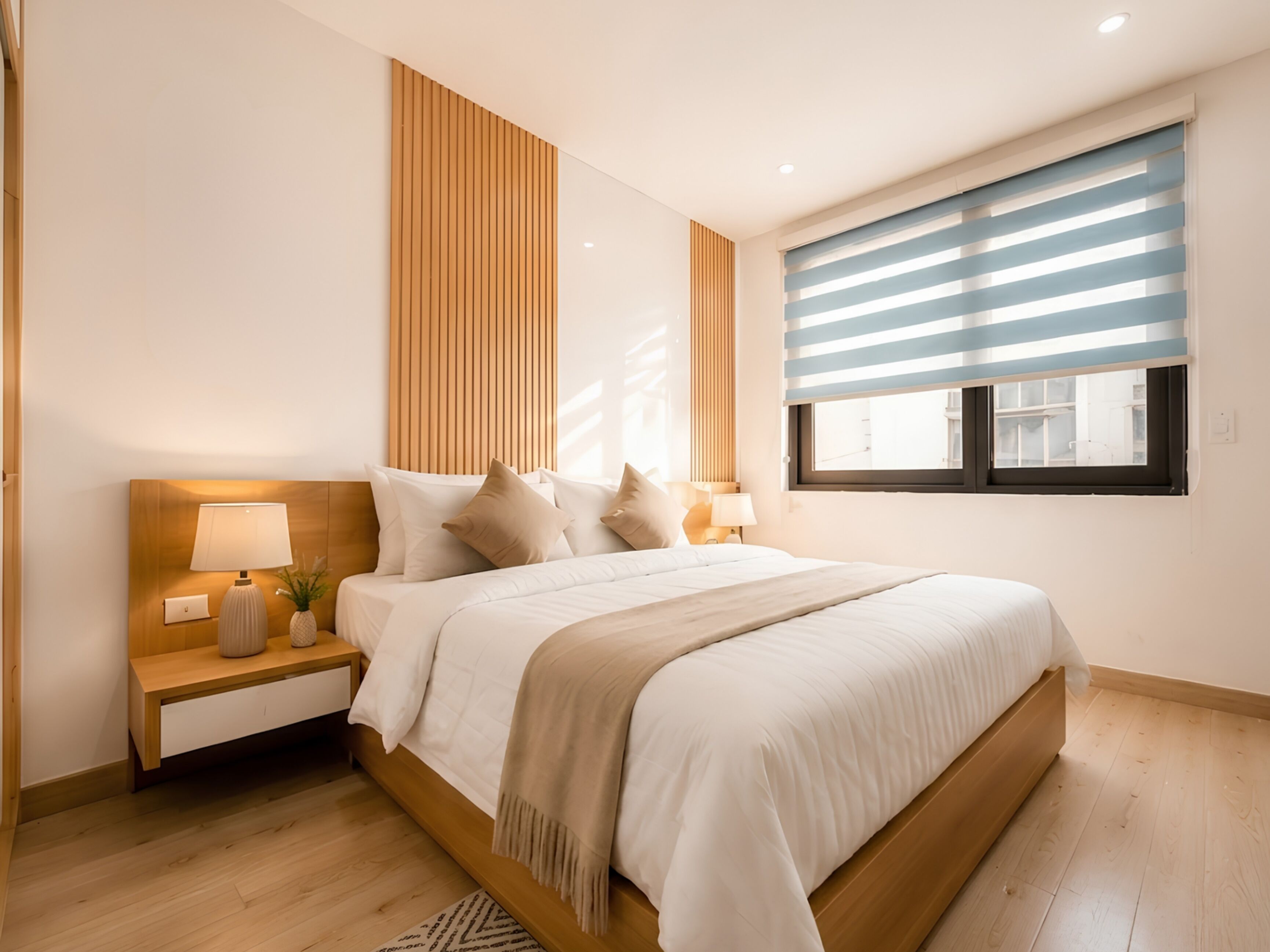 Une chambre moderne avec une tête de lit en bois, un grand lit, des tables de chevet avec des lampes et une fenêtre équipée de stores horizontaux.