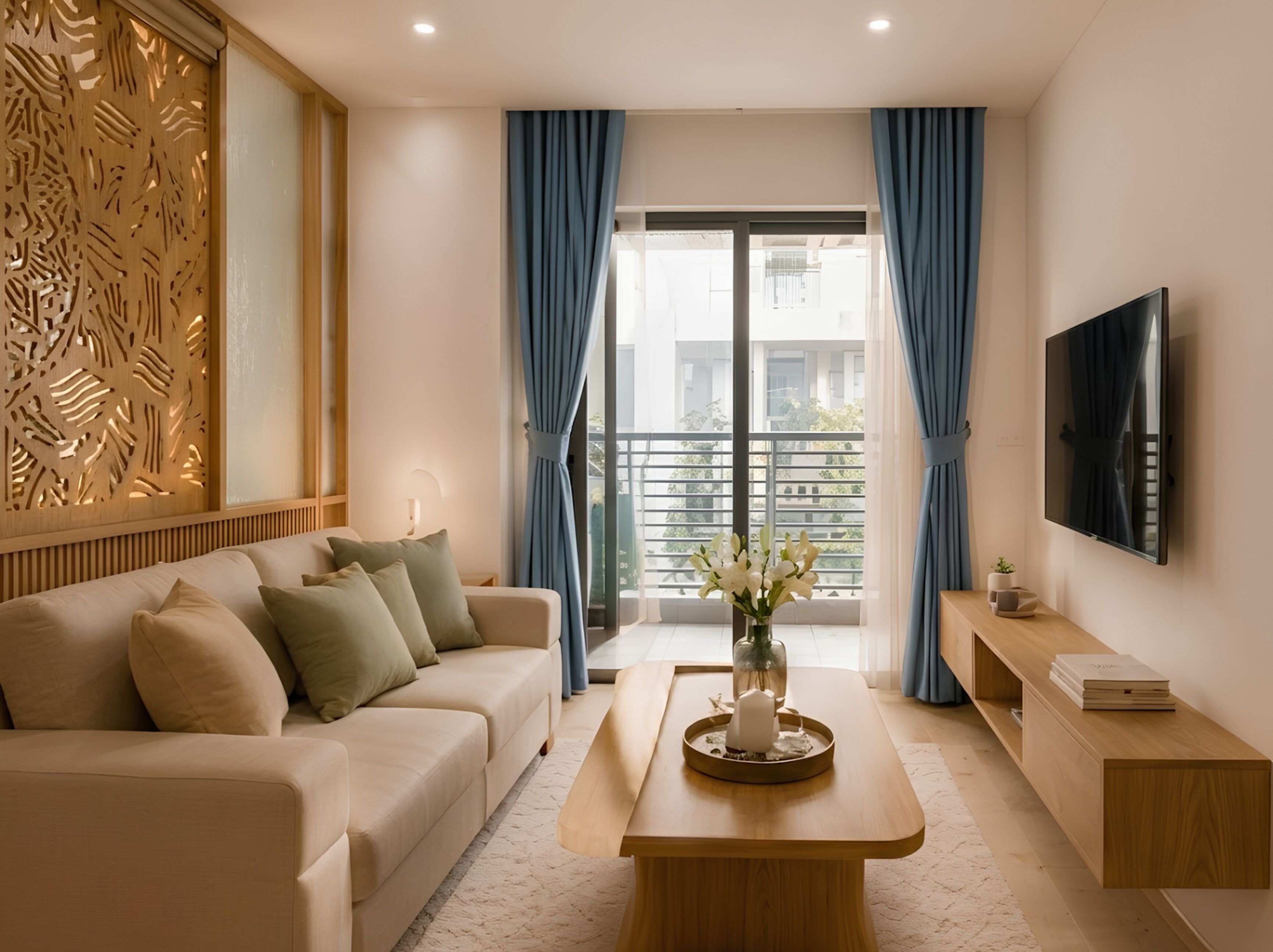Appartement, 2 chambres, balcon | Coin séjour | Télévision à écran plat de 43 pouces avec chaînes par câble