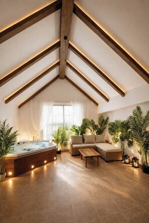 Un vaste espace de vie doté d’un plafond haut, de poutres en bois, d’une grande fenêtre, d’un jacuzzi et de nombreuses plantes en pot.