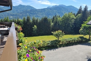 Un patio con mobiliario exterior, un parterre con flores de colores y vistas a una cadena montañosa.