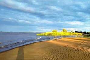 A beach with a sandy shore, a grassy area, and a body of water. - Holiday apartment with 2 bedrooms (21706 Drochtersen, Deutschland)