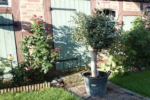 A garden with a potted tree, a brick wall, and a wooden fence. - Holiday apartment with 1 bedroom (Amelinghausen)