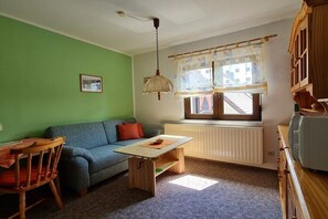 Ein kleiner, gemütlicher Raum mit grüner Wand, einem blauen Sofa, einem Holztisch, einer Hängelampe, einem Fenster mit Vorhängen und einem Heizkörper.