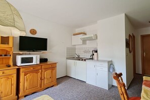 A compact kitchen with a microwave, wooden cabinets, a sink, and a television. - Holiday apartment with 1 bedroom (Struppen OT Thürmsdorf)