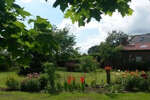 Ein Garten mit verschiedenen Pflanzen und Blumen, ein Backsteinhaus mit rotem Dach und einem wolkenlosen Himmel.