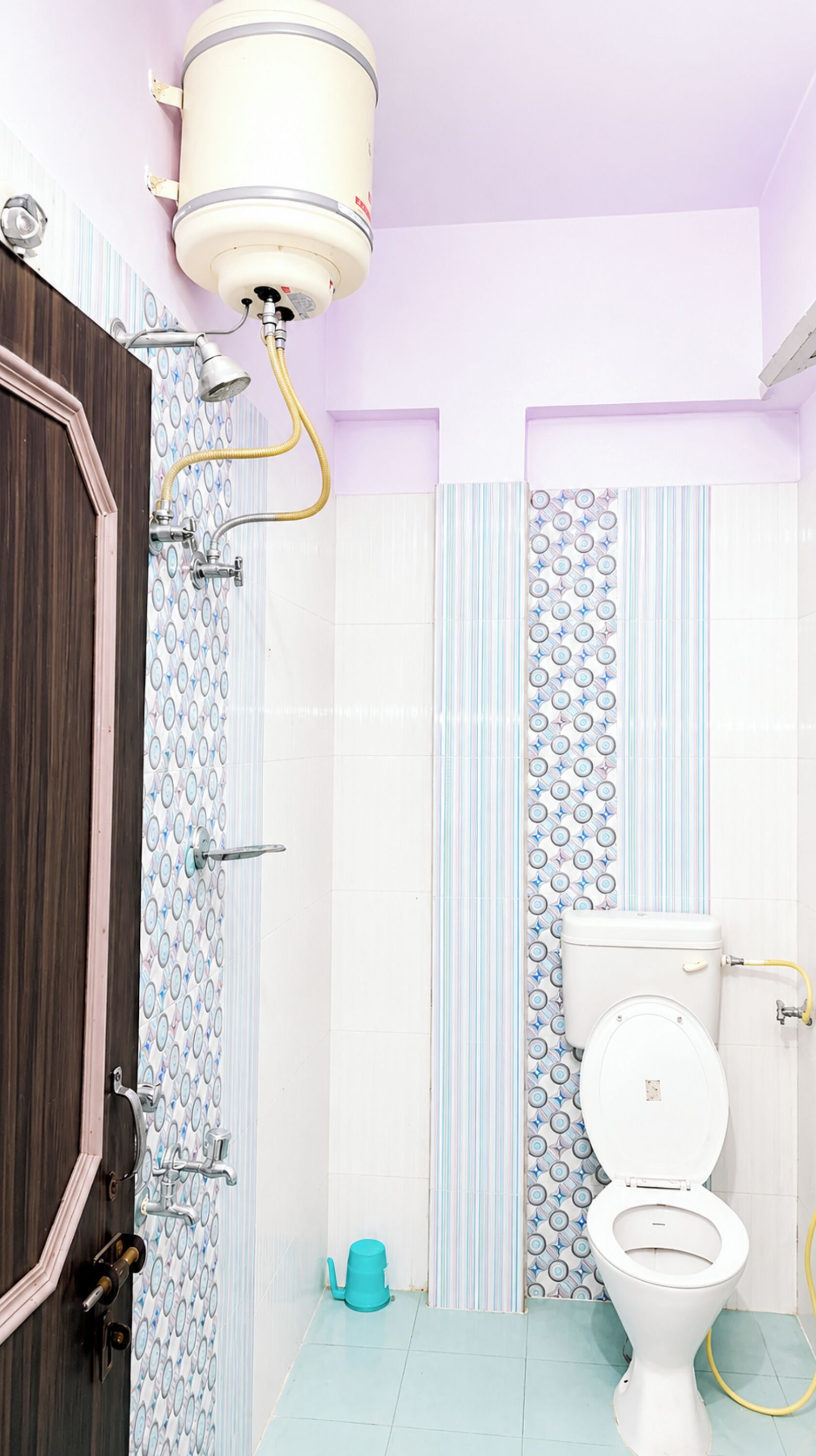 Shower, rainfall showerhead, slippers, towels