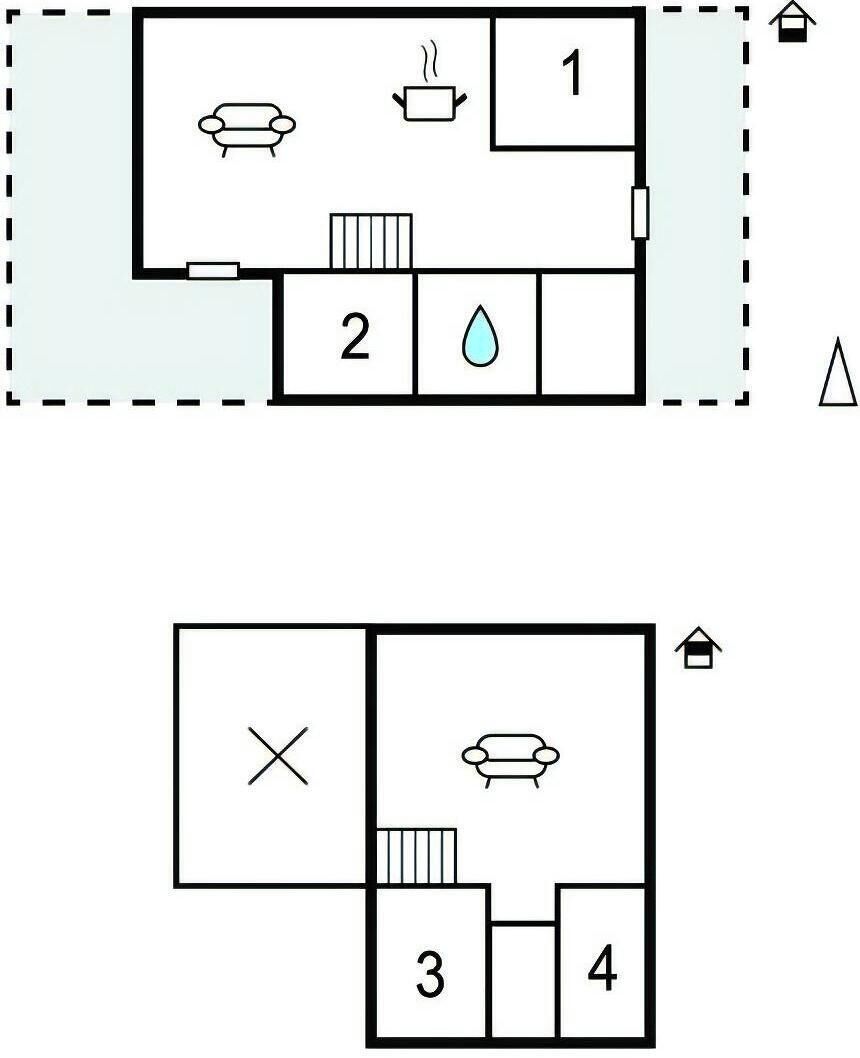 Un plan d’étage comprenant deux pièces, chacune équipée d’un canapé et d’un radiateur.