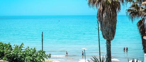 Une plage bordée de palmiers, avec une eau d’un bleu limpide, et des gens qui se baignent.