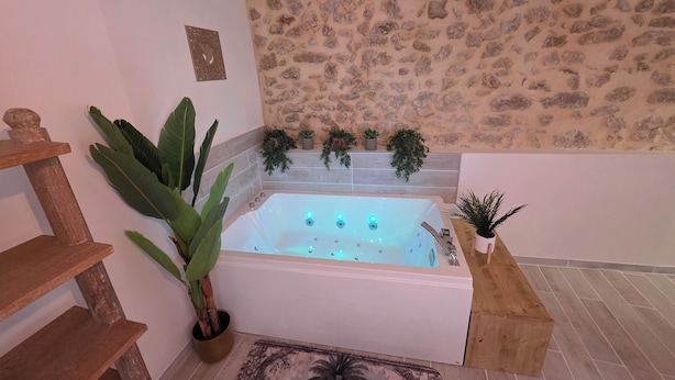 Un baño con pared de piedra, una bañera, un estante de madera y una planta en maceta.